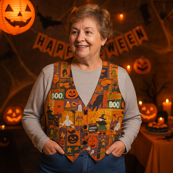 Westbury Tops - Halloween Vest Women LARGE Westbury Witches Bats Ghost "BOO" Pin Included Party